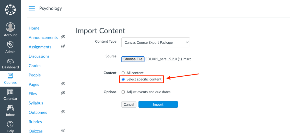 Courseware - Importing specific content/material (Canvas)